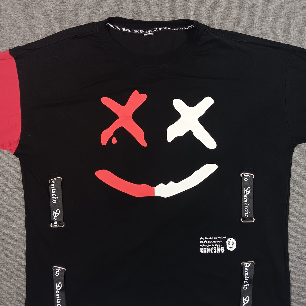 BEMCSHO Shirt Mens 2XL Black Red Graphic Smile Face Demischo Streetwear Tee